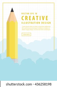 Illustration vector poster pencil in the air among the clouds and background into the grid. Represents the beginning of the creative. Education Creativity Concept.