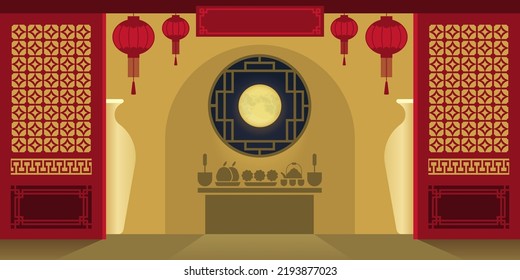 illustration vector of pray table on mid autumn moon cake festival at tradition vintage chinese house and lantern decoration background