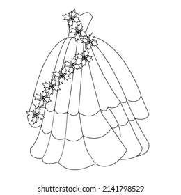 Illustration vector of Princess dress coloring page. Anti-stress coloring book for kids and adults. black and white dress line