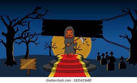 Illustration vector of a pumpkin ghost and bat at a festival at midnight.  great for halloween celebrations.