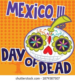 Illustration vector pumpkin in style day of dead of mexico celebration and text.