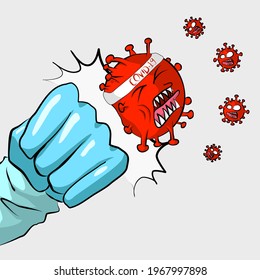 Illustration vector Punch coronavirus for stop COVID-19  by fist