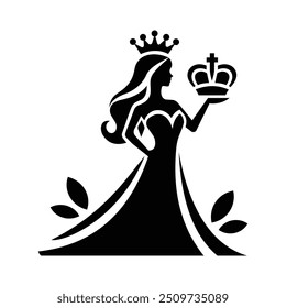 Illustration vector of queen, queen crown icon, silhouette of queen hold on king crown.