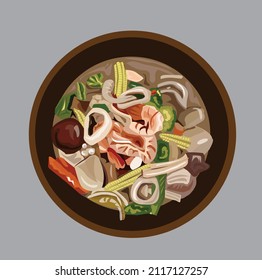 ilustración vectorial Rad Na Seafood colocado en un plato sobre un fondo gris.