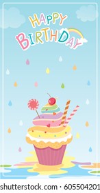 Illustration vector of rainbow cupcake decorated with raining creamy background for Birthday card.