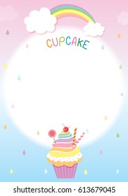 Illustration vector of rainbow cupcake decorated with raining creamy background for menu template.