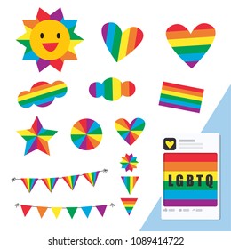 Illustration vector rainbow flat set of element sun,cloud,star,circle,party flag,heart on white background for decoration lgbt concept