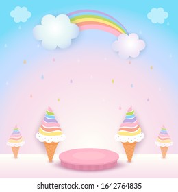 Illustration vector of rainbow ice cream cone with display stand on pastel background.