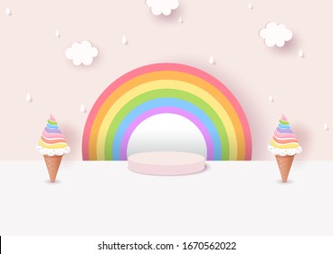 Illustration vector rainbow Ice cream cone decorated and pink background 3d style