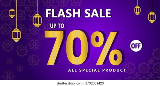 Illustration Vector Of Ramadan Discount. Horizontal advertisement of arabian poster. ramadan moon special discount. with Cloud, gold and purple background. Discount flash sale 70%