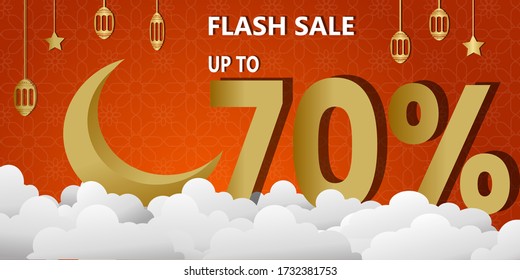 Illustration Vector Of Ramadan Discount. Horizontal advertisement of arabian poster. ramadan moon special discount. with Cloud, Crescent moon, gold and orange background. Discount flash sale 70%