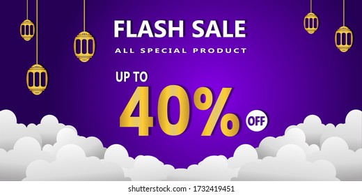 Illustration Vector Of Ramadan Discount. Horizontal advertisement of arabian poster. ramadan moon special discount. with gold and purple light trendy background. Discount flash sale 40%