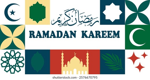 Illustration Vector Ramadan Kareem  in flat geometric style design for banner, poster, greeting card, media. Arabic text mean Ramadan Kareem. Islamic ramadan kareem banner background