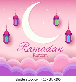 Illustration Vector Of Ramadan Kareem Gard Design With Moon And Lantern On Pink Background