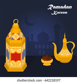 Illustration vector of  Ramadan lantern, date fruits and coffee pot.