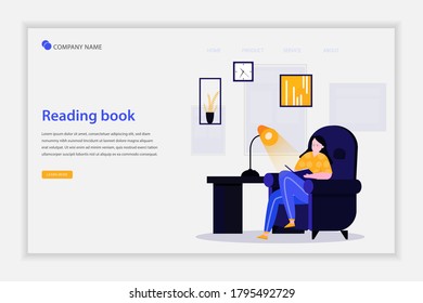 Illustration Vektorgrafik Reading Buch Konzept Landing Page. Junge Frau las Buch auf dem Sofa. Quarantine, bleib bei home concept reihe. kann für, Landing-Seite, Vorlage, Web, Homepage, Poster.