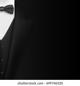 Illustration of Vector Realistic Black Suit. Photorealistic 3D Mens Elegant Tuxedo Suit with Bow Tie