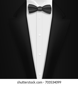 Illustration of Vector Realistic Black Suit. Photorealistic 3D Mens Elegant Tuxedo Suit with Bow Tie