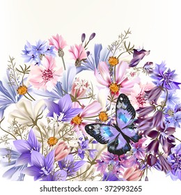 Illustration with vector realistic field flowers summer and spring theme