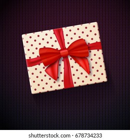 Illustration of Vector Realistic Gift Box with Red Ribbon. Greeting Card Template
