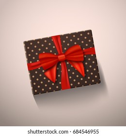 Illustration of Vector Realistic Gift Box with Red Ribbon. Greeting Card Template