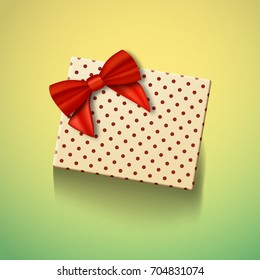 Illustration of Vector Realistic Gift Box with Red Ribbon. Greeting Card Template