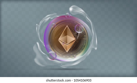 Illustration vector of realistic golden ethereum coin in transparent colorful bubble with water splashing cryptocurrency investment concept
