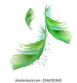 Illustration with vector realistic green feathers, fashion apparel print