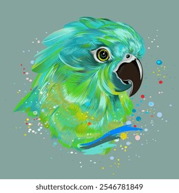 Ilustración con el pájaro tropical verde realista del loro del Vector, impresión de la moda de la ropa