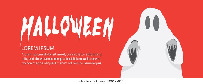 Illustration vector red banner of white sheet ghost on Halloween flat style.