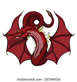 Illustration of a vector red fire snake dragon with many horns and a long tail. 