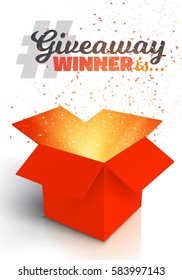 Illustration of Vector Red Gift Box Isolated on White Background. Open Box with Confetti. Giveaway Competition Enter to Win Prize Concept