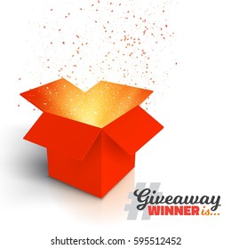 Illustration of Vector Red Gift Box Isolated on White Background. Open Box with Confetti. Giveaway Competition Enter to Win Prize Concept