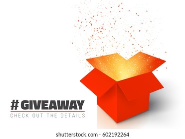 Illustration of Vector Red Gift Box Isolated on White Background. Open Box with Confetti. Giveaway Competition Enter to Win Prize Concept