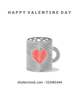 Illustration vector red heart shape on sketch mug of hot chocolate with marshmallow on Happy Valentine Day card. 
