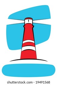 Illustration (Vector) of a red lighthouse on a blue sky background