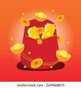 Illustration, vector, red money bag. Dragon yellow crystal. Fortune. Isolated background
