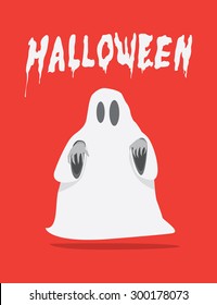 Illustration vector red poster of white sheet ghost on Halloween flat style.