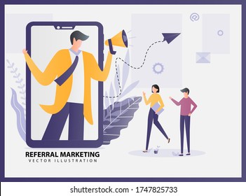 Illustration vector Referral marketing concept with a handphone and people work. refer a friend, friend loyalty program, promotion method.
Can use for a landing page, web banner, infographics.