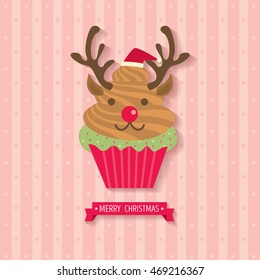 Illustration vector reindeer cupcake for merry christmas card on stripe background.