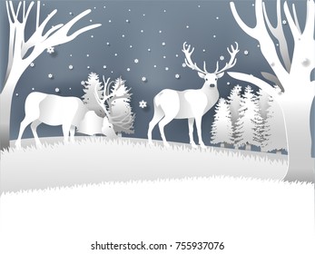 illustration vector  reindeer in winter forest with snow in winter season and Christmas day, winter vector paper art style design concept