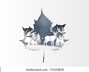 illustration vector reindeer in winter forest with snow in winter season and Christmas day, winter vector paper art style design concept