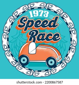 Illustration vector retro car with text speed race and circle chain, kids fashion design