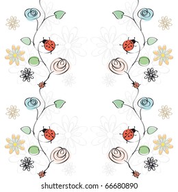 Illustration of vector with retro flowers and ladybirds