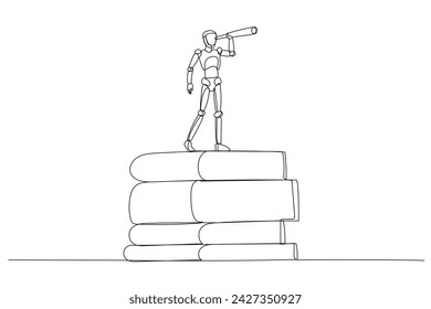 Illustration of Vector Robot chatbot, AI in science and business on books stack using telescope for good vision. 