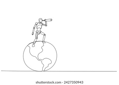 Ilustración de Vector Robot chatbot, IA en la ciencia y los negocios en el planeta tierra globo utilizando el telescopio buscar nueva oportunidad