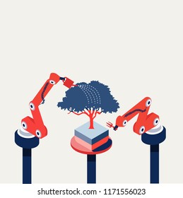 illustration vector of robot hand plant a tree, future technology for natural, ecology technology design concept