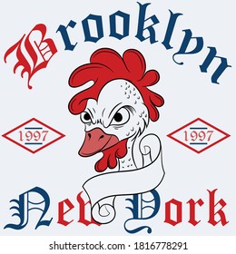 ilustración vectorial rooster en estilo tatuaje con brooklyn de texto en estilo varsity y nueva york en el área inferior