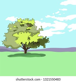Illustration in vector, rural landscape, with trees, beautiful view, open space