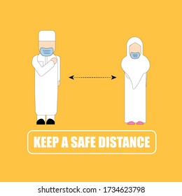illustration vector : safe distancing muslim people  on Covid 19 Pandemic.
